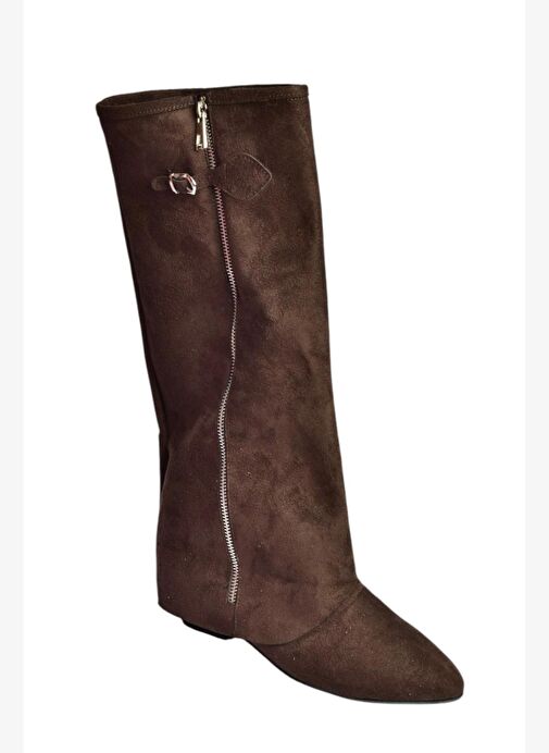 V380526402 Kahverengi Süet Düz Taban Fermuar Detaylı Kadın Çizme - Görsel 7