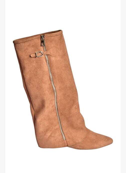 V380526402 Taba Süet Düz Taban Fermuar Detaylı Kadın Çizme - Görsel 6