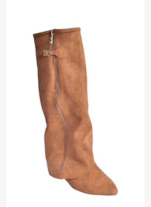 V380526402 Taba Süet Düz Taban Fermuar Detaylı Kadın Çizme - Görsel 7