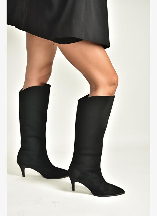 V404021102 Siyah Süet Alçak Topuklu Kadın Çizme - Görsel 4