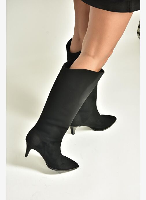 V404021102 Siyah Süet Alçak Topuklu Kadın Çizme - Görsel 5
