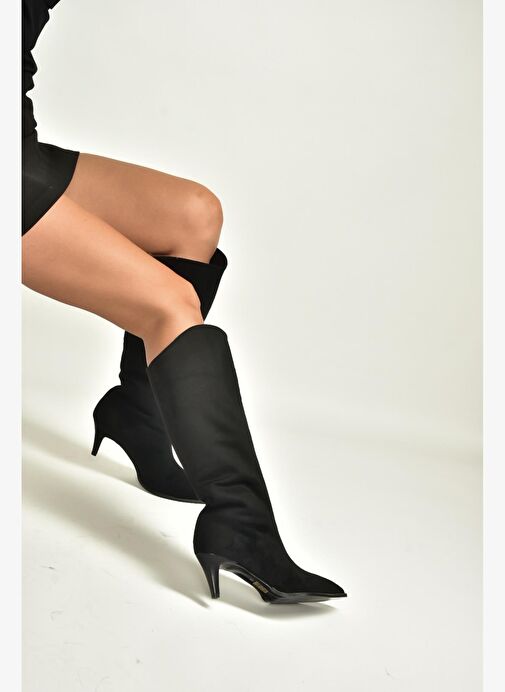 V404021102 Siyah Süet Alçak Topuklu Kadın Çizme - Görsel 6