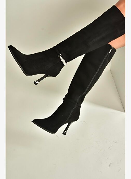 V820330002 Siyah Süet İnce Topuklu Kadın Çizme - Görsel 2