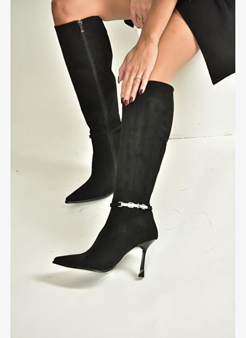 V820330002 Siyah Süet İnce Topuklu Kadın Çizme - Görsel 3
