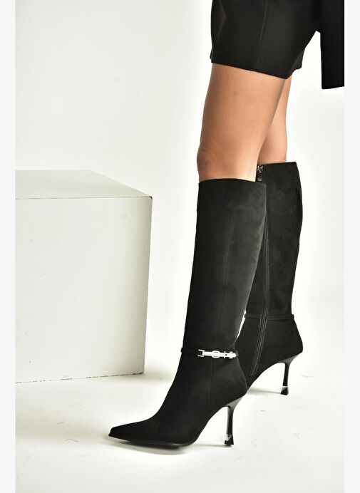 V820330002 Siyah Süet İnce Topuklu Kadın Çizme - Görsel 4