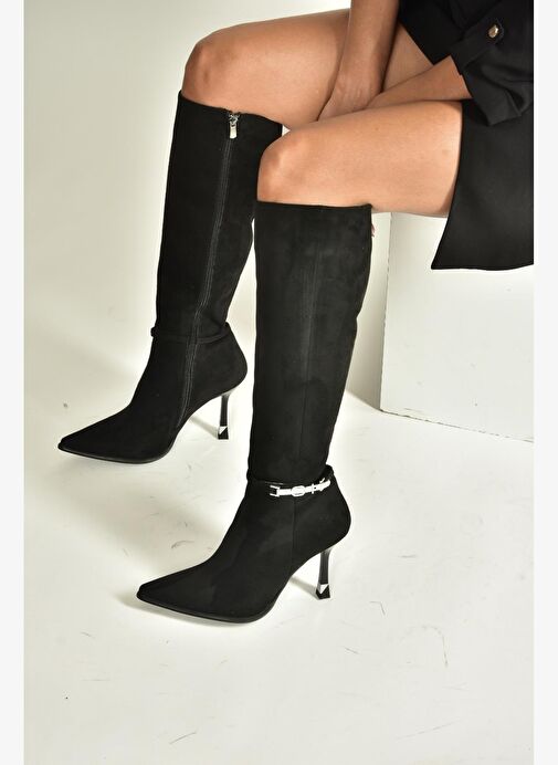V820330002 Siyah Süet İnce Topuklu Kadın Çizme - Görsel 5