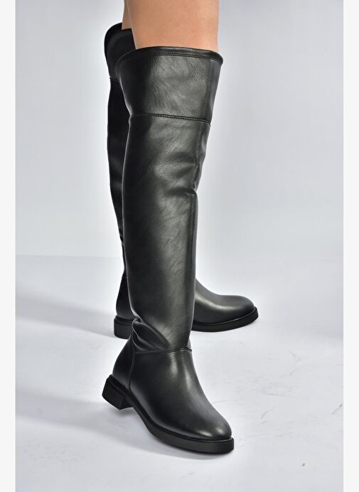 V973801009 Siyah Alçak Topuklu Diz Üstü Klasik Kadın Binici Çizme - Görsel 4
