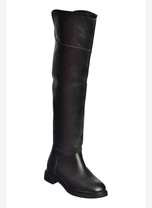 V973801009 Siyah Alçak Topuklu Diz Üstü Klasik Kadın Binici Çizme - Görsel 7