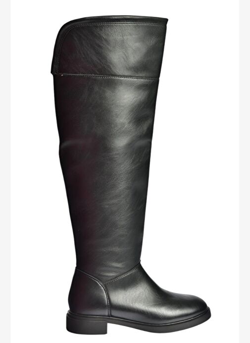 V973801009 Siyah Alçak Topuklu Diz Üstü Klasik Kadın Binici Çizme - Görsel 8