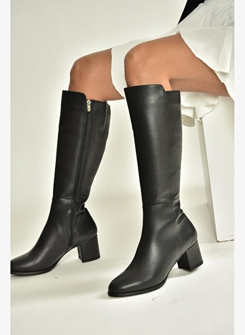 V468213103 Siyah Hakiki Deri Kalın Topuklu Kadın Çizme - Görsel 3
