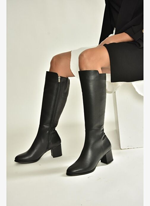 V468213103 Siyah Hakiki Deri Kalın Topuklu Kadın Çizme - Görsel 4