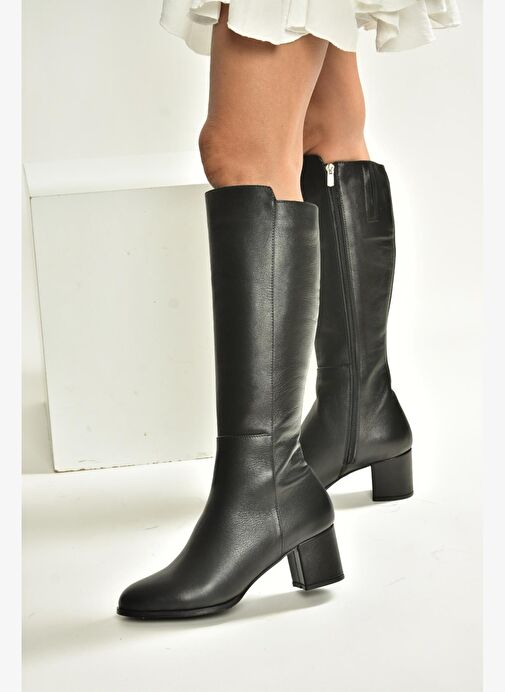 V468213103 Siyah Hakiki Deri Kalın Topuklu Kadın Çizme - Görsel 5