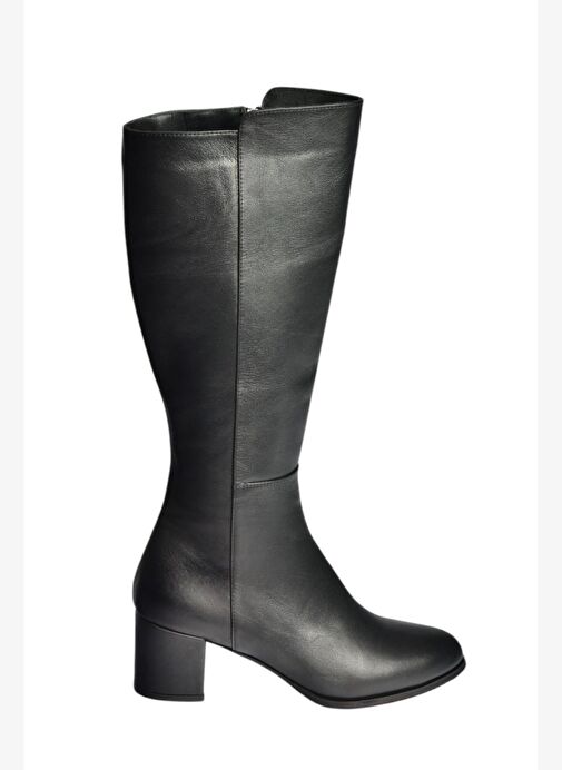 V468213103 Siyah Hakiki Deri Kalın Topuklu Kadın Çizme - Görsel 6