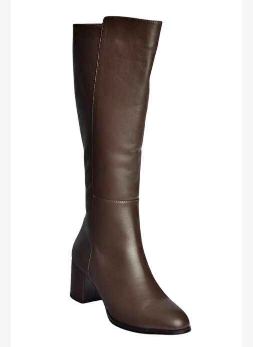 V468213103 Kahverengi Hakiki Deri Kalın Topuklu Kadın Çizme - Görsel 6