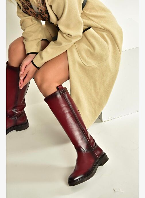 V312513560 Bordo Rustik Alçak Topuklu Kadın Çizme - Görsel 2