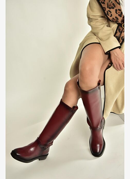 V312513560 Bordo Rustik Alçak Topuklu Kadın Çizme - Görsel 3