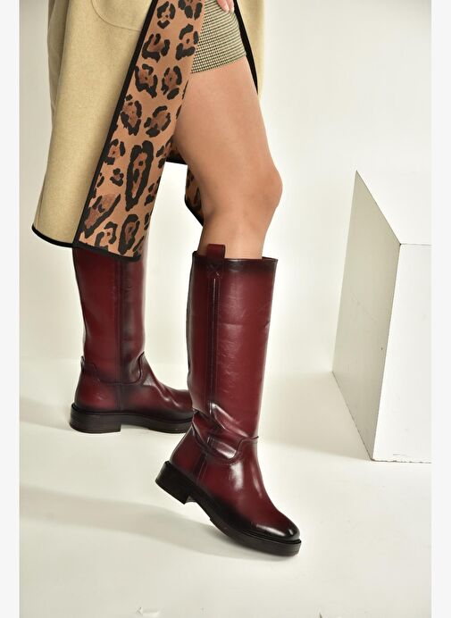 V312513560 Bordo Rustik Alçak Topuklu Kadın Çizme - Görsel 4