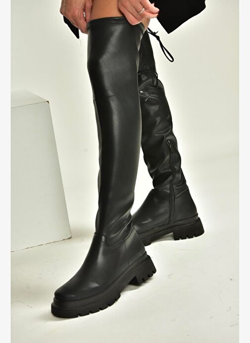 V404402009 Siyah Streç Dizüstü Çorap Çizme - Görsel 2