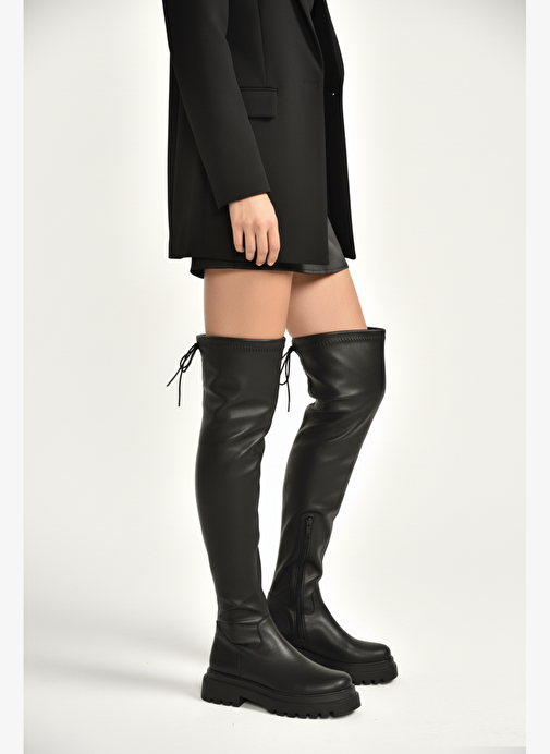 V404602009 Siyah Suni Deri Dizüstü Streç Çorap Çizme - Görsel 2