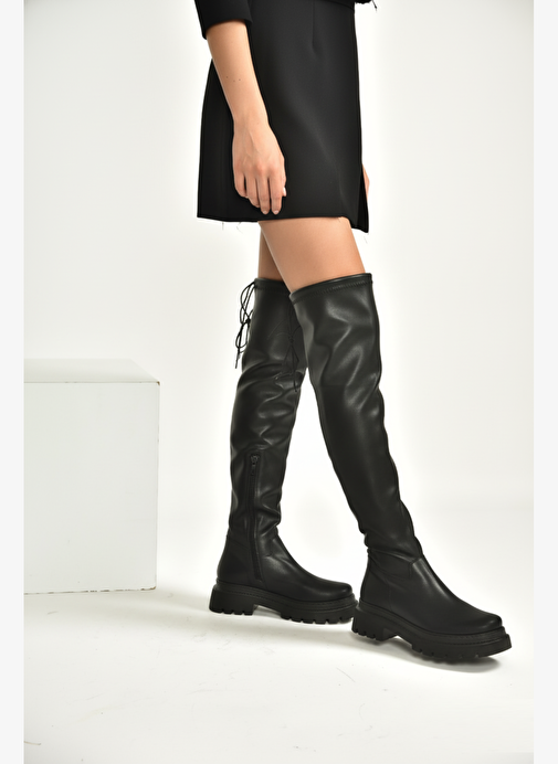 V404602009 Siyah Suni Deri Dizüstü Streç Çorap Çizme - Görsel 3