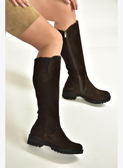 N654226102 Kahverengi Hakiki Deri Süet Günlük Kadın Çizme - Görsel 3