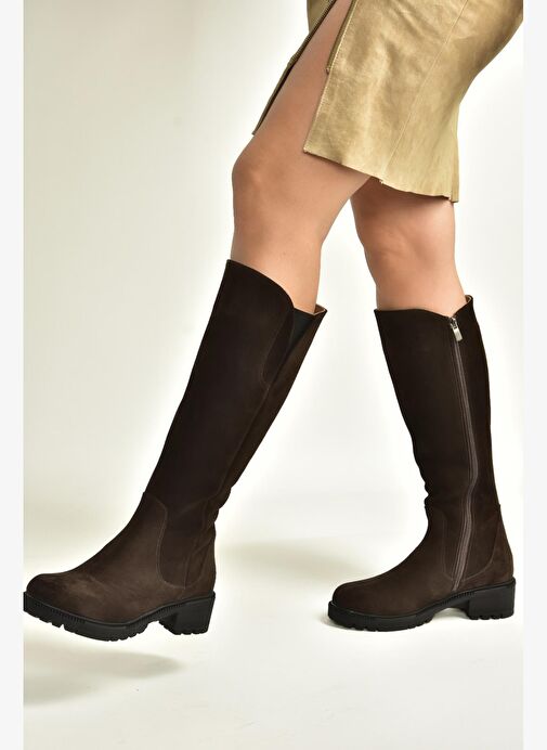 N654226102 Kahverengi Hakiki Deri Süet Günlük Kadın Çizme - Görsel 4