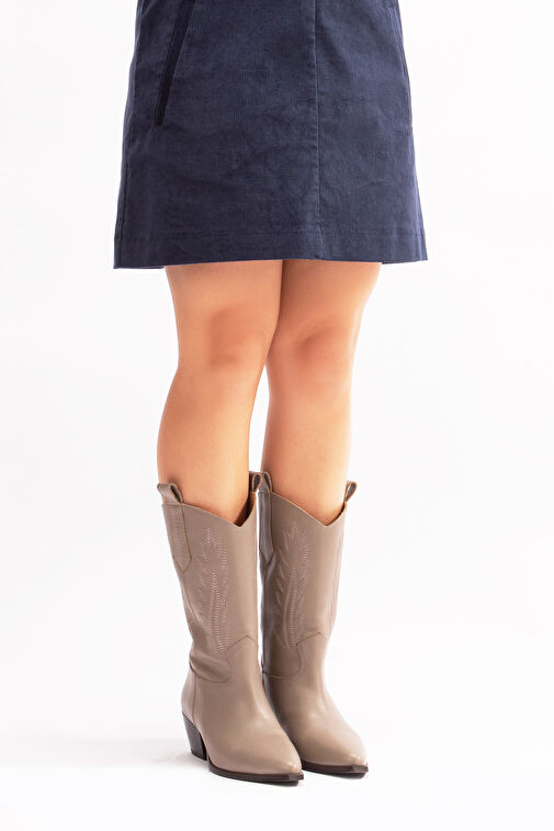 Avlonya Gerçek Deri Kadın Western Çizme Vizon - Görsel 8