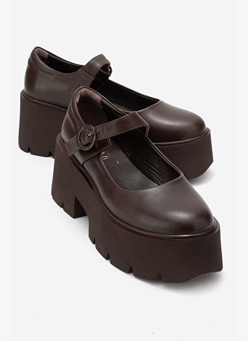 ORINA Kahverengi Cilt Hakiki Deri Kalın Tabanlı Kadın Günlük Ayakkabı - Görsel 2