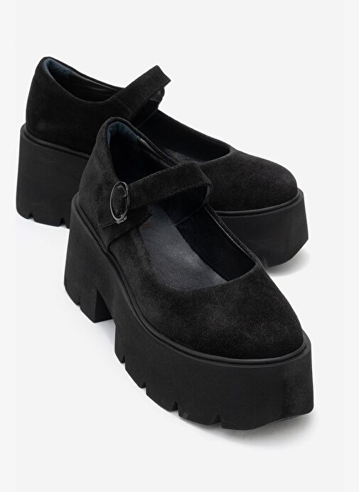 ORINA Siyah Süet Hakiki Deri Kalın Tabanlı Kadın Günlük Ayakkabı - Görsel 2
