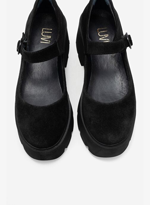 ORINA Siyah Süet Hakiki Deri Kalın Tabanlı Kadın Günlük Ayakkabı - Görsel 3