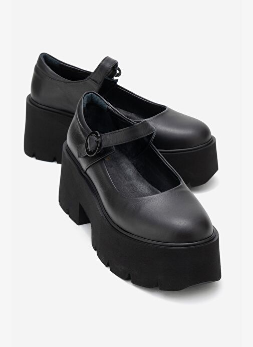 ORINA Siyah Cilt Hakiki Deri Kalın Tabanlı Kadın Günlük Ayakkabı - Görsel 2