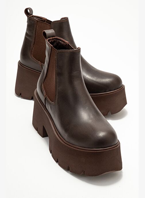 CLEN Kahverengi Cilt Hakiki Deri Lastikli Kadın Kalın Tabanlı Bot - Görsel 2