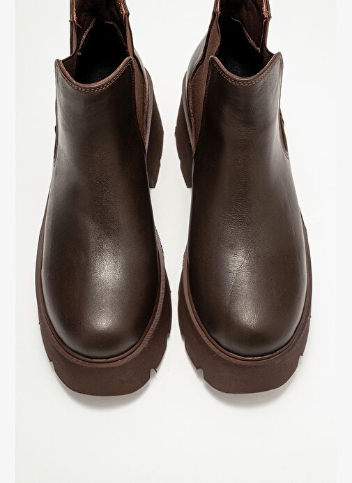 CLEN Kahverengi Cilt Hakiki Deri Lastikli Kadın Kalın Tabanlı Bot - Görsel 3