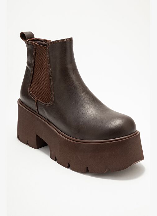 CLEN Kahverengi Cilt Hakiki Deri Lastikli Kadın Kalın Tabanlı Bot - Görsel 4