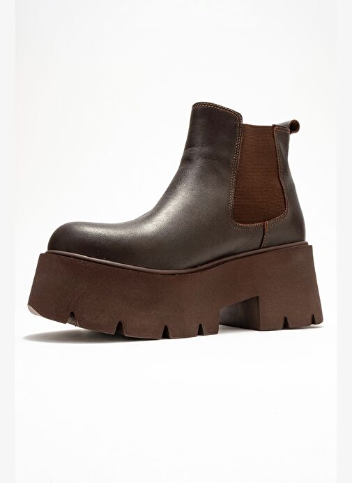 CLEN Kahverengi Cilt Hakiki Deri Lastikli Kadın Kalın Tabanlı Bot - Görsel 5