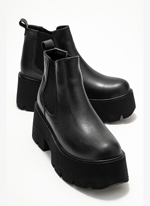 CLEN Siyah Cilt Hakiki Deri Lastikli Kadın Kalın Tabanlı Bot - Görsel 2