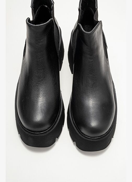 CLEN Siyah Cilt Hakiki Deri Lastikli Kadın Kalın Tabanlı Bot - Görsel 3