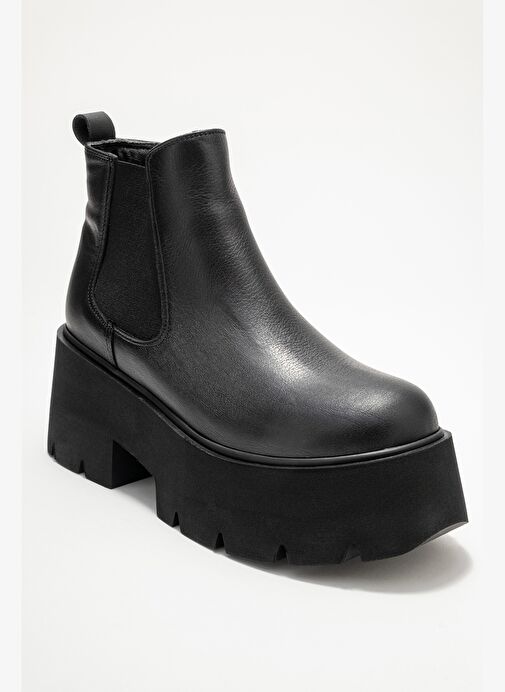 CLEN Siyah Cilt Hakiki Deri Lastikli Kadın Kalın Tabanlı Bot - Görsel 4