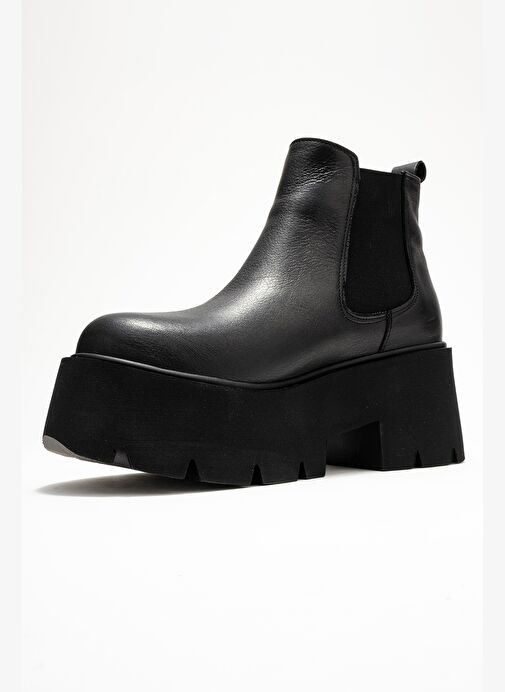 CLEN Siyah Cilt Hakiki Deri Lastikli Kadın Kalın Tabanlı Bot - Görsel 5