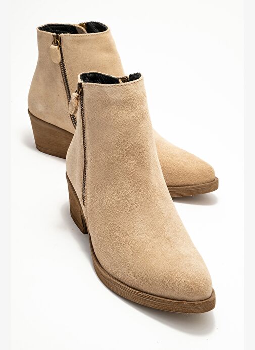 JAYER Bej Süet Hakiki Deri Fermuarlı Kadın Topuklu Bot - Görsel 2