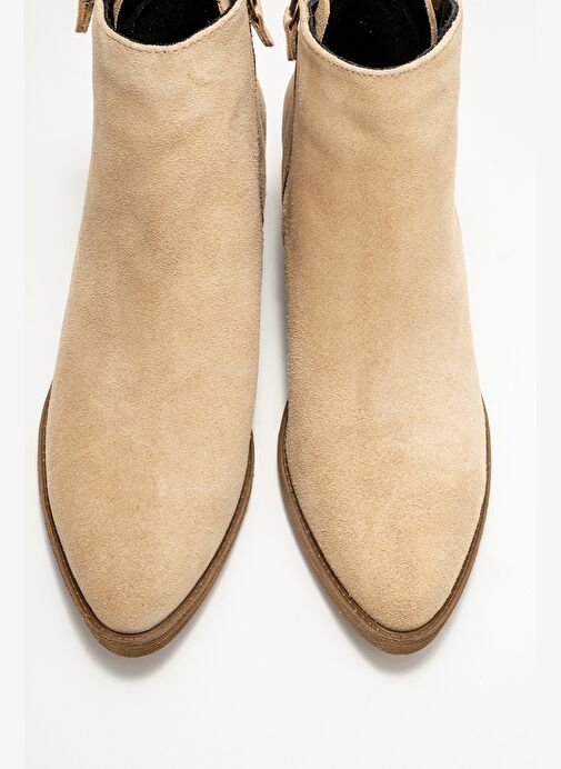 JAYER Bej Süet Hakiki Deri Fermuarlı Kadın Topuklu Bot - Görsel 3
