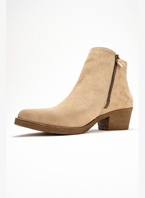 JAYER Bej Süet Hakiki Deri Fermuarlı Kadın Topuklu Bot - Görsel 5