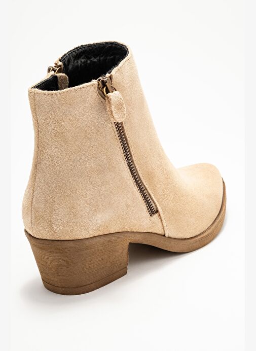 JAYER Bej Süet Hakiki Deri Fermuarlı Kadın Topuklu Bot - Görsel 6