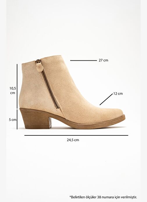JAYER Bej Süet Hakiki Deri Fermuarlı Kadın Topuklu Bot - Görsel 7
