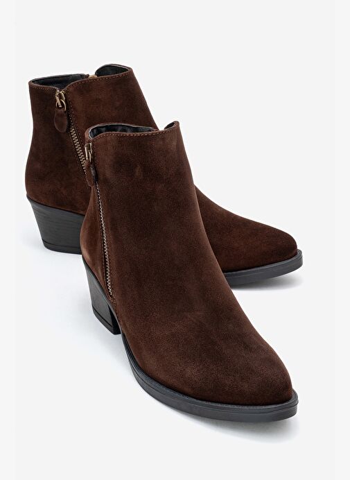 JAYER Kahverengi Süet Hakiki Deri Fermuarlı Kadın Topuklu Bot - Görsel 2