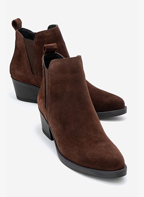 DOVENA Kahverengi Süet Hakiki Deri Lastikli Kadın Topuklu Bot - Görsel 2