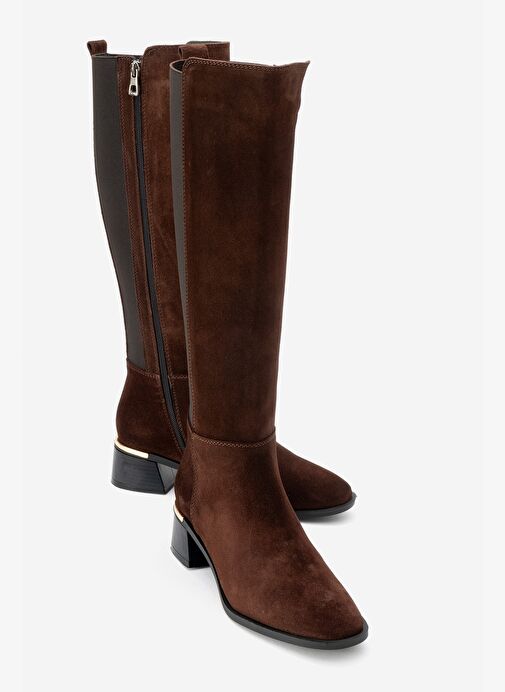 ROCHOS Kahverengi Süet Streç Detaylı Hakiki Deri Kadın Çizme - Görsel 2