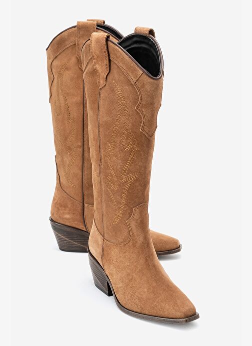 PİETRO Toprak Hakiki Deri Süet Kadın Western Çizme - Görsel 2