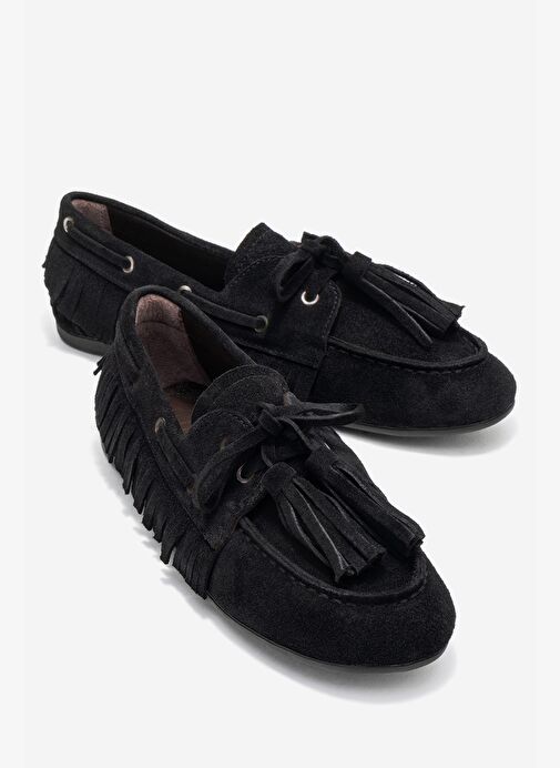 FENORA Siyah Süet Hakiki Deri Saçaklı Püsküllü Kadın Loafer Ayakkabı - Görsel 2