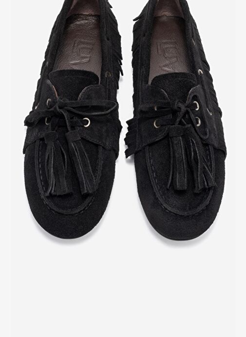 FENORA Siyah Süet Hakiki Deri Saçaklı Püsküllü Kadın Loafer Ayakkabı - Görsel 3